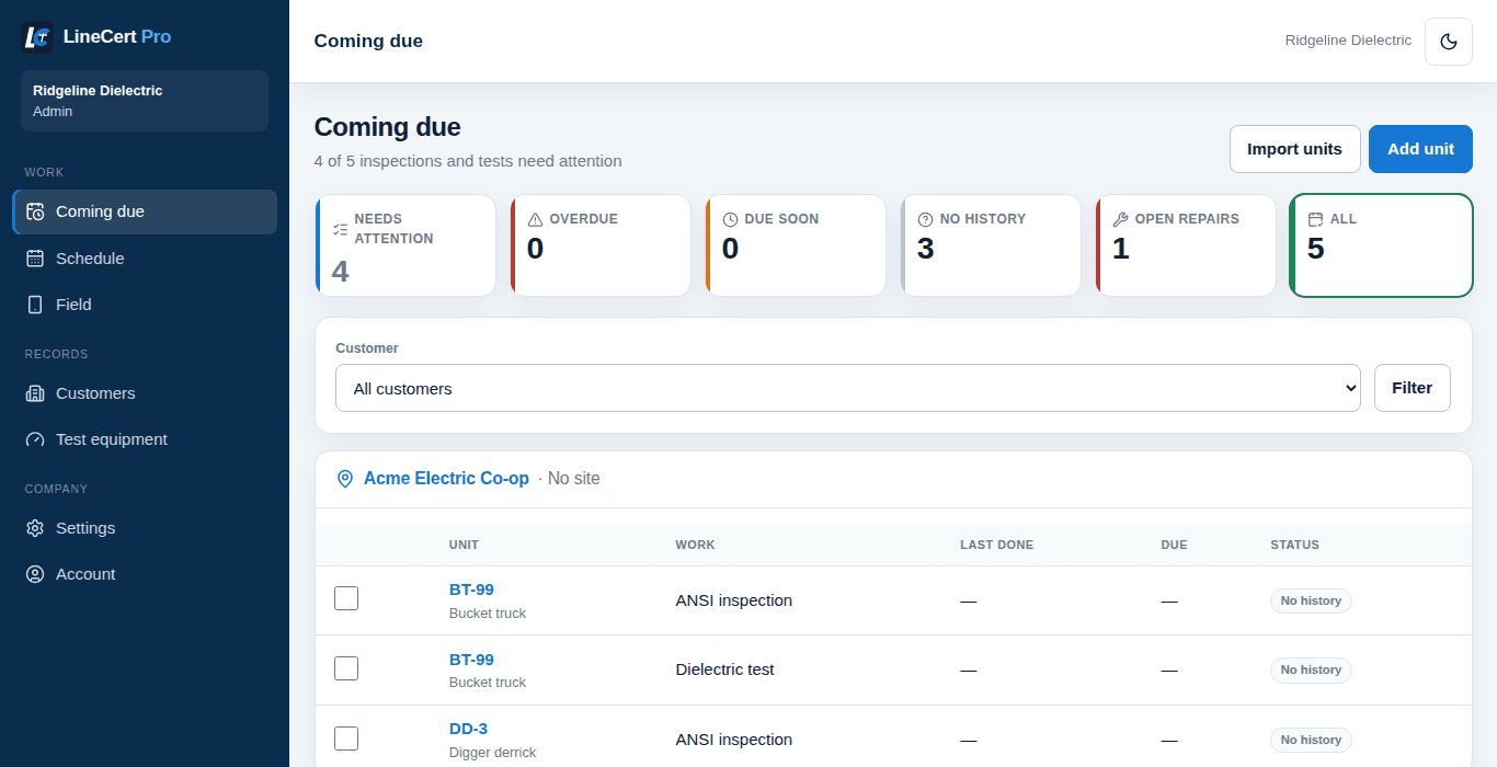 The office's Coming due screen listing units by customer with their due status